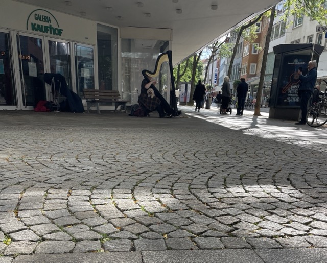 Galeria Kaufhof Spenden für Gaza in Hildesheim. Harfe spielen.