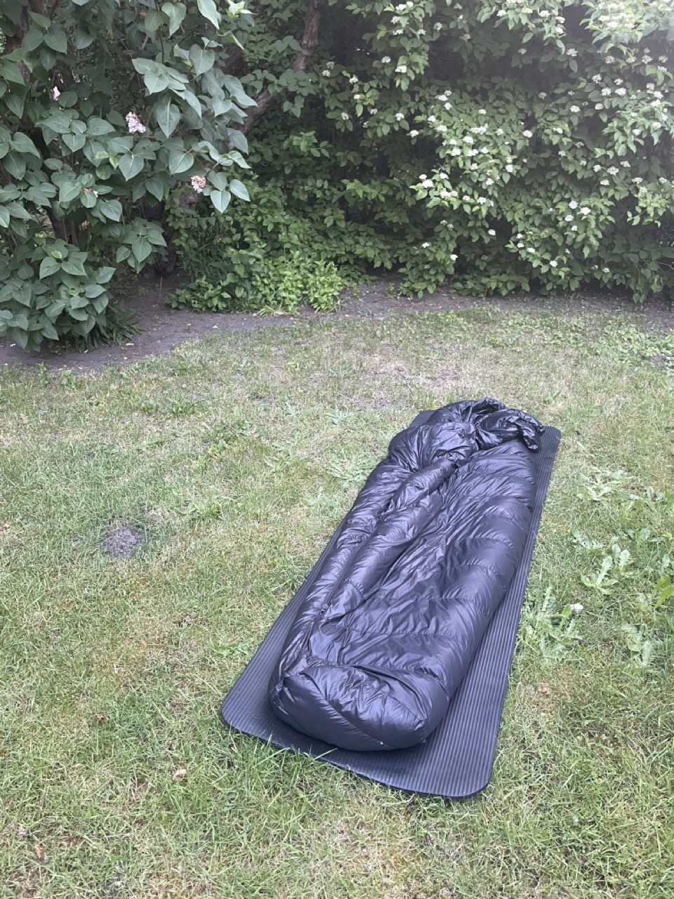 Schlafen im Garten in der Stadt im Schlafsack